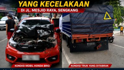 Diduga Sopir Mengantuk, Honda Brio Tabrak Belakang Truk di Jalan Masjid Raya Sengkang